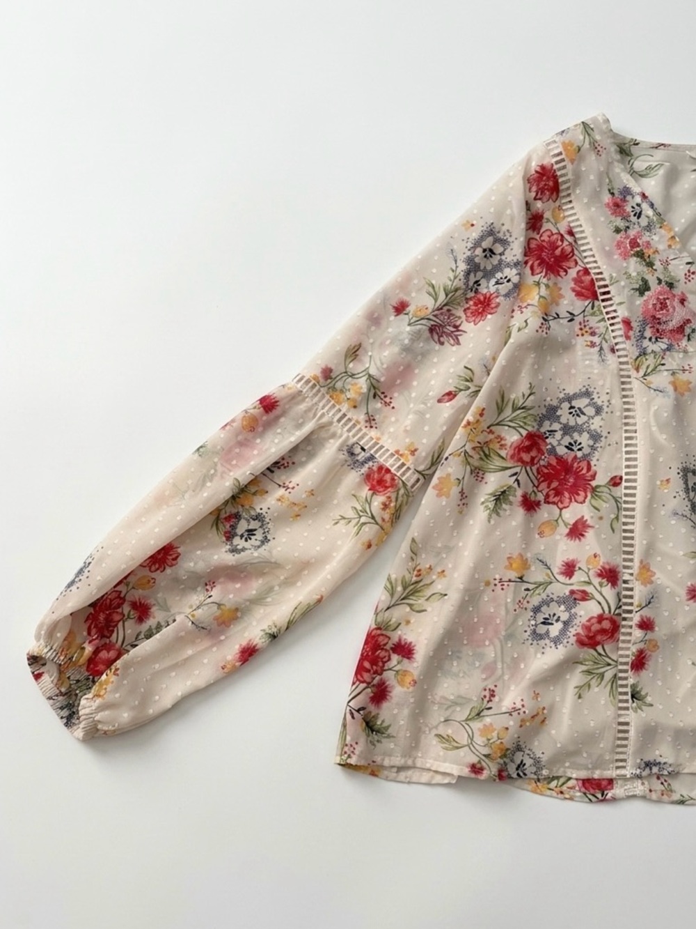 Time and Tru Ivory Floral Tie-Front Peasant Blouse with Red Tassels - Picture 3 of 10